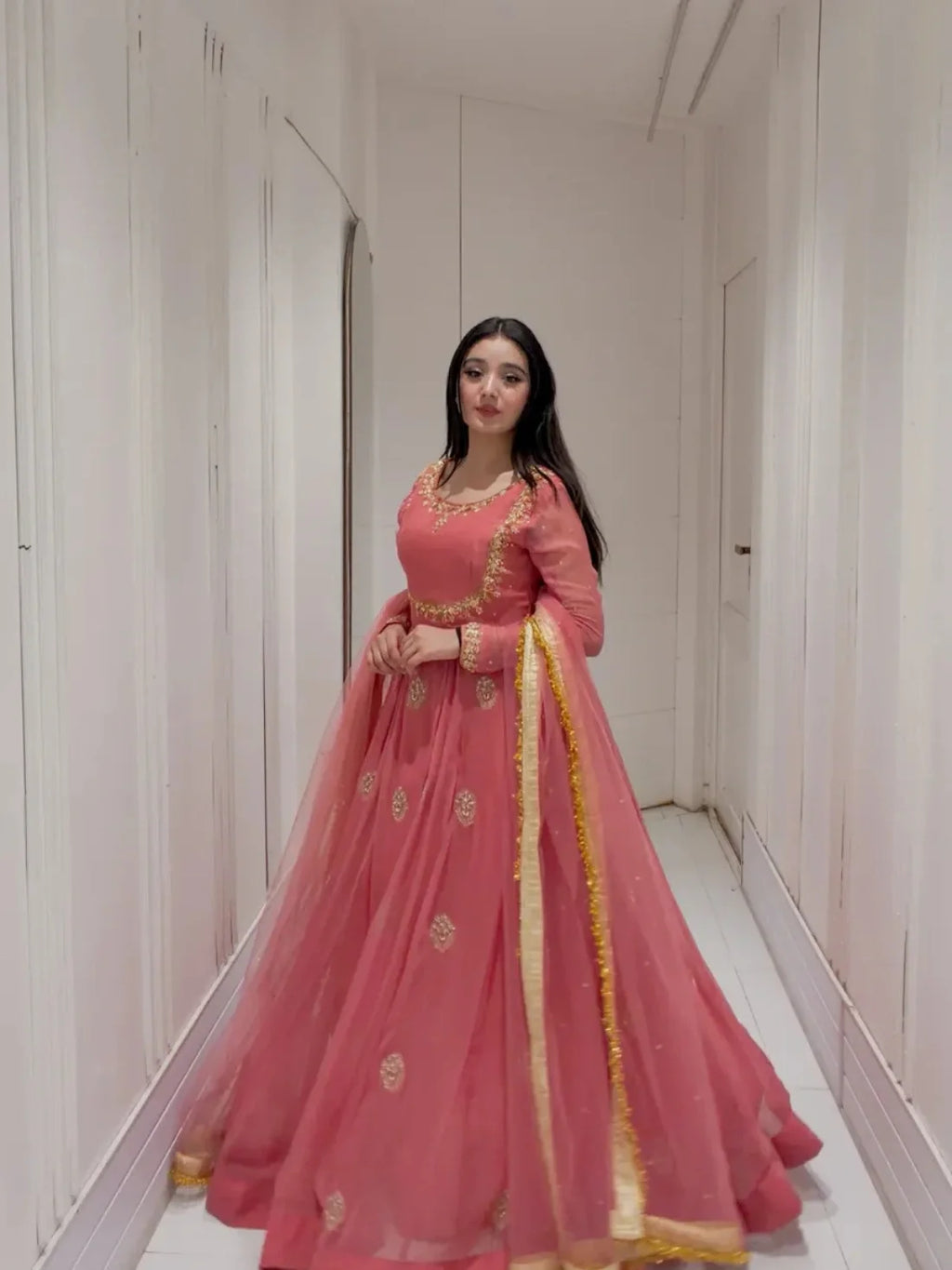 Solid Peach Flare Anarkali & Netted Dupatta কোড-G2