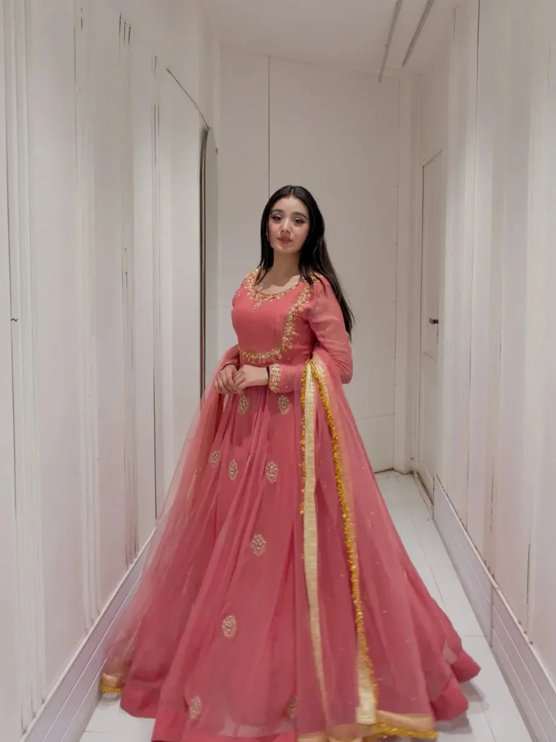 Solid Peach Flare Anarkali & Netted Dupatta কোড-G2