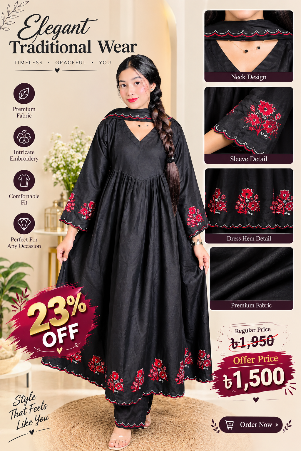 Noir Blossom — Premium Embroidered 3-Piece