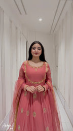 Solid Peach Flare Anarkali & Netted Dupatta কোড-G2